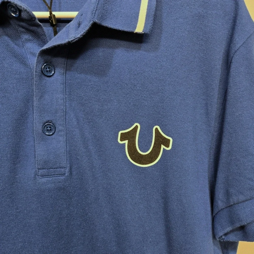 True Religion‎ Polo Shirt Mens Small Blue Big Buddha Guitar Logo Y2K Streetwear